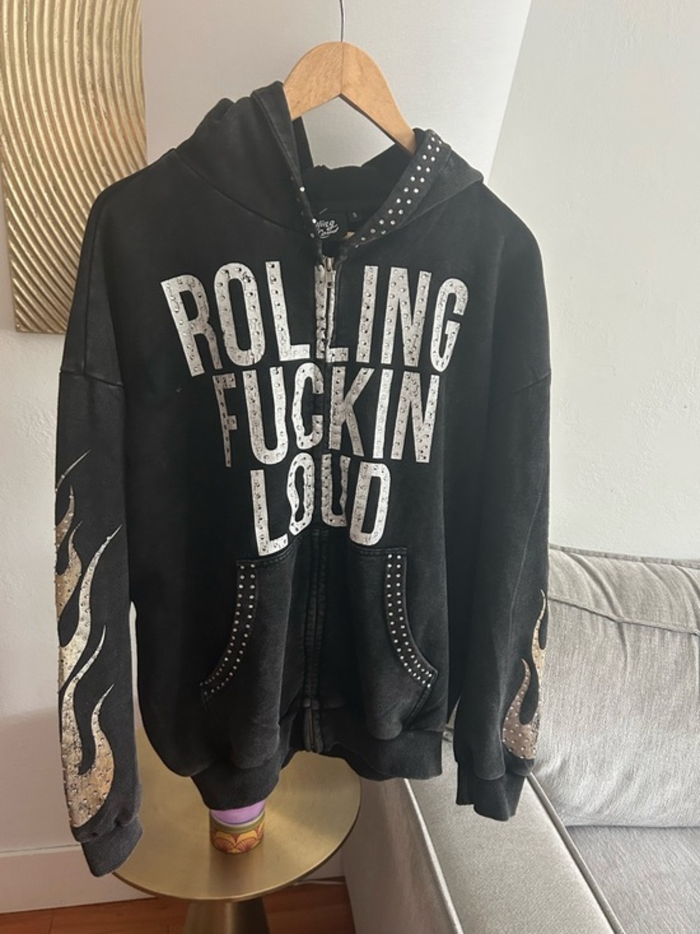 Rolling Loud Black Zip Up Hoddie  Rhinestone Flames S Streetwear Grunge Rave